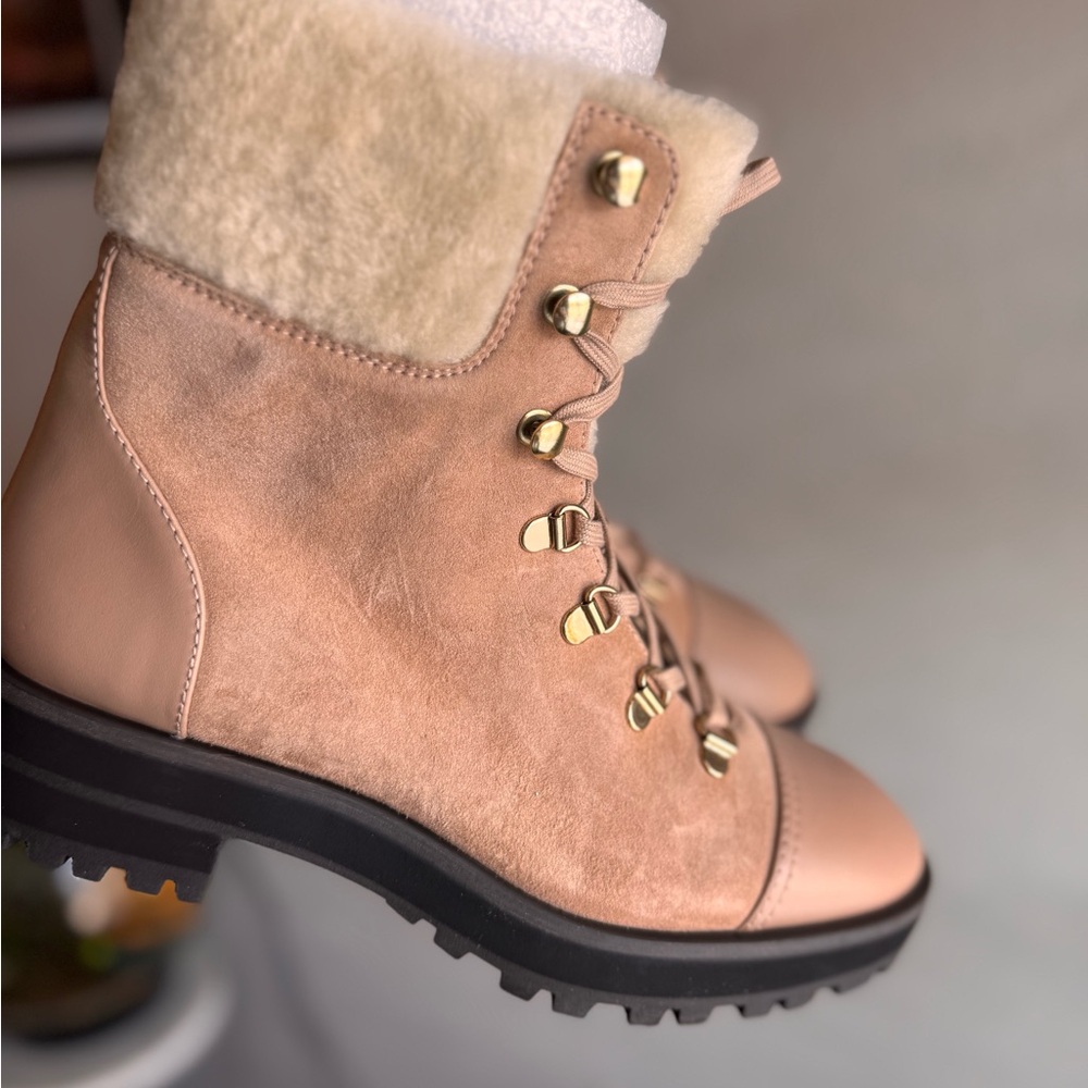 Stuart Weitzman Tan Suede Combat Boots with Gold Accents